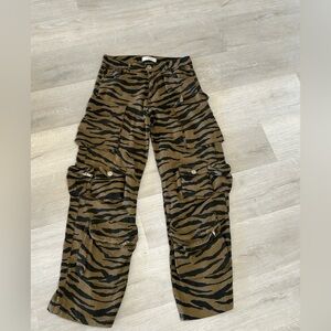 Trendy tiger/animal print cargo pants in a brown and black colorway
